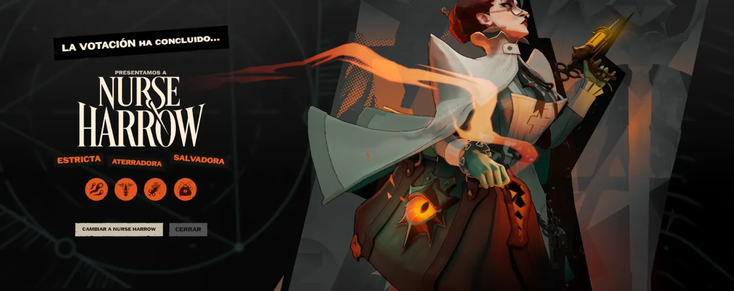 Pantalla de Deadlock: «La votación ha concluido… Presentamos a Nurse Harrow: estricta, aterradora, salvadora»