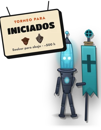 Faro, la mascota de Deadlock México, con el cartel del Torneo para Iniciados